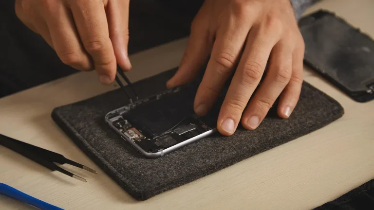 Mains d'un réparateur qui ouvre un smartphone en panne sur un tapis d'atelier